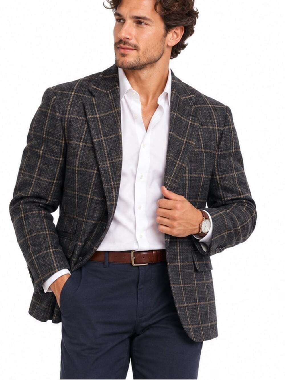 Eddie Bauer Wool Windowpane Sport Coat 38R Charcoal Tan Plaid Blazer Classic